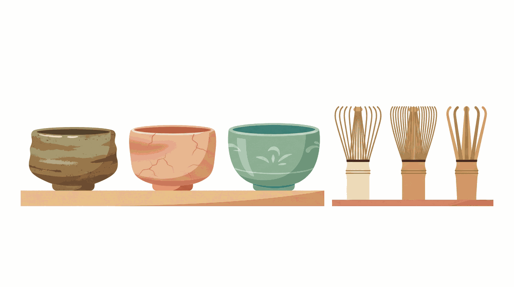 Several matcha bowls in different Japanese ceramic styles, showing variation in width and glaze