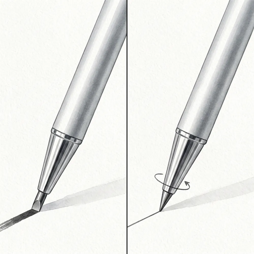 A worn slanted lead drawing a thick line beside a conical lead drawing a thin one