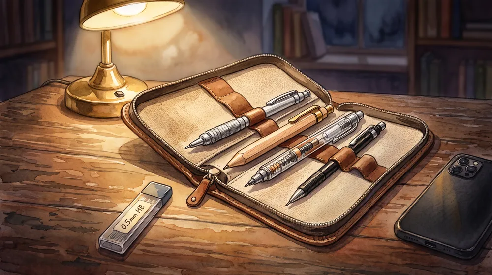 Several Japanese mechanical pencils arranged in an open pencil case on a desk
