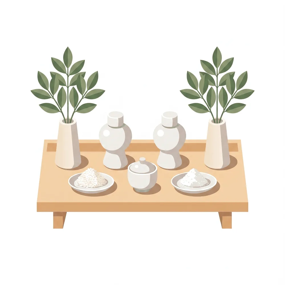 Small vessels of rice, salt and water arranged in front of an ofuda on a modern kamidana