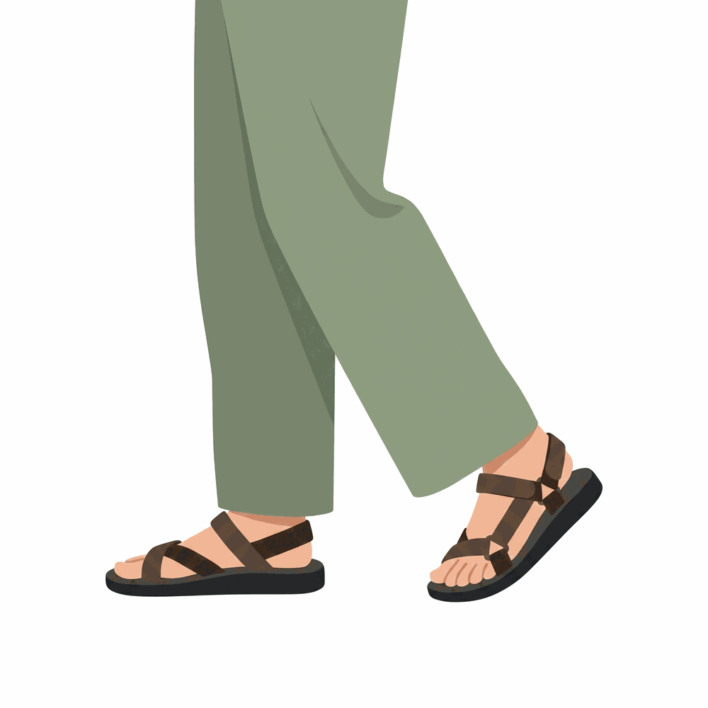 Illustration of a person wearing wide-legged trousers and modern setta sandals
