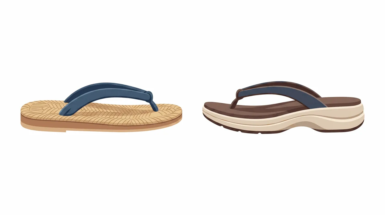 Illustration comparing a traditional flat woven setta with a modern thick-soled setta
