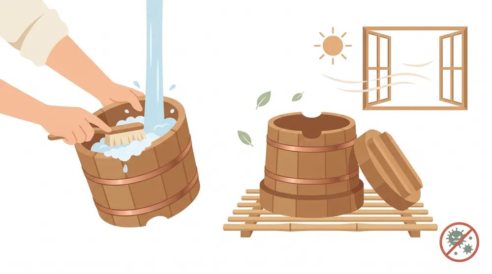 A wooden ohitsu washed and standing on its side to dry in a ventilated spot