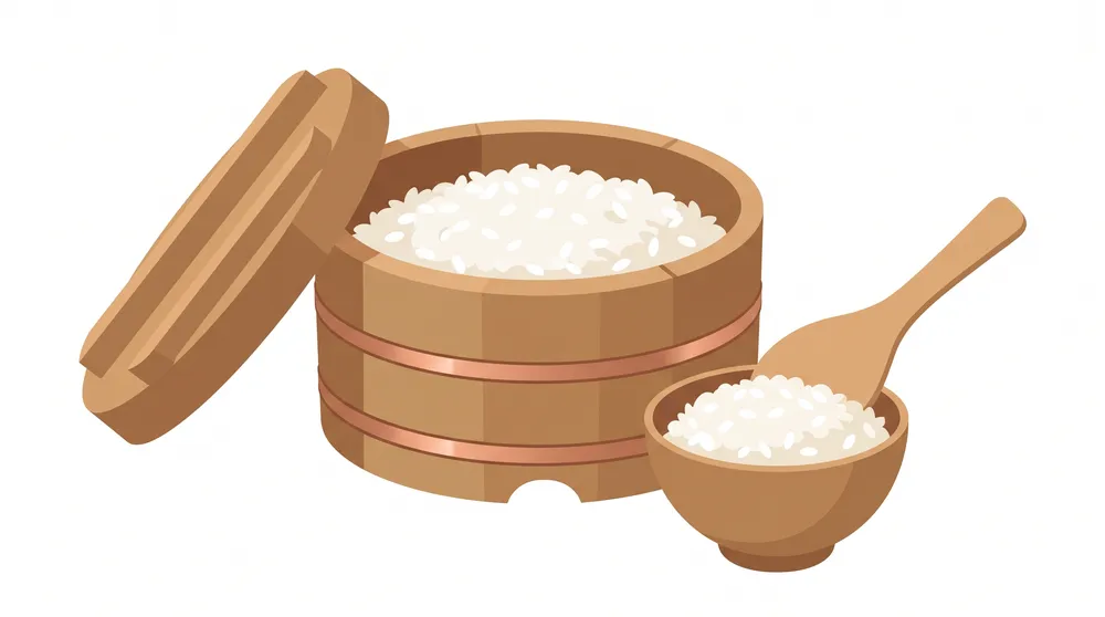 Freshly cooked rice transferred from the cooker into a wooden ohitsu