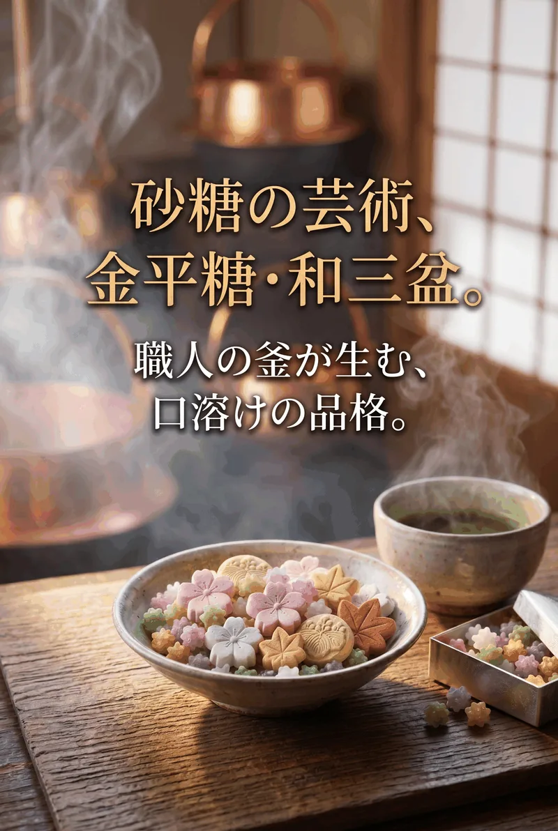Summary infographic: konpeito's growing process, Awa versus Sanuki wasanbon, and how to eat them