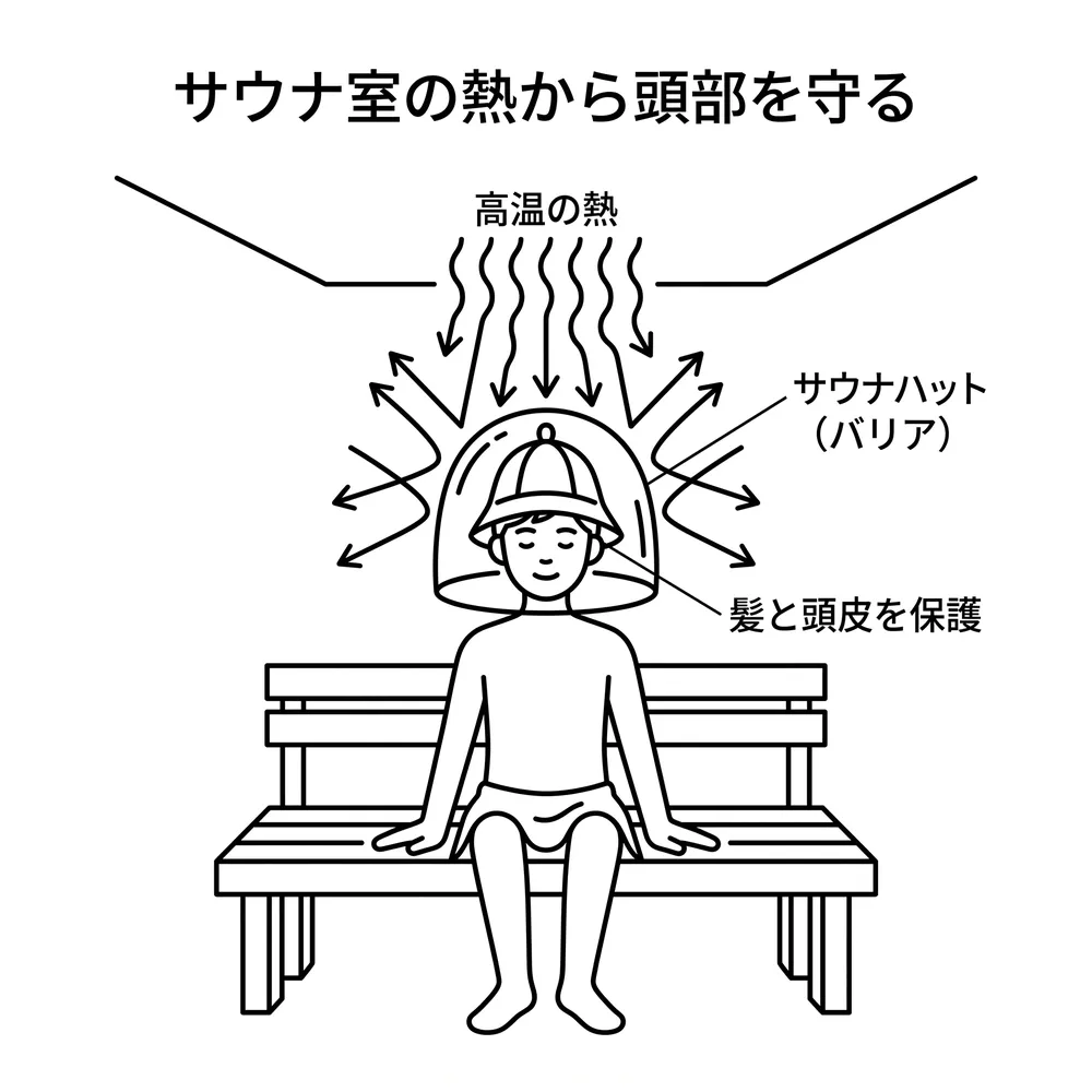 Illustration showing how heat rises to the top of a sauna and reaches the head first, with a hat acting as a barrier