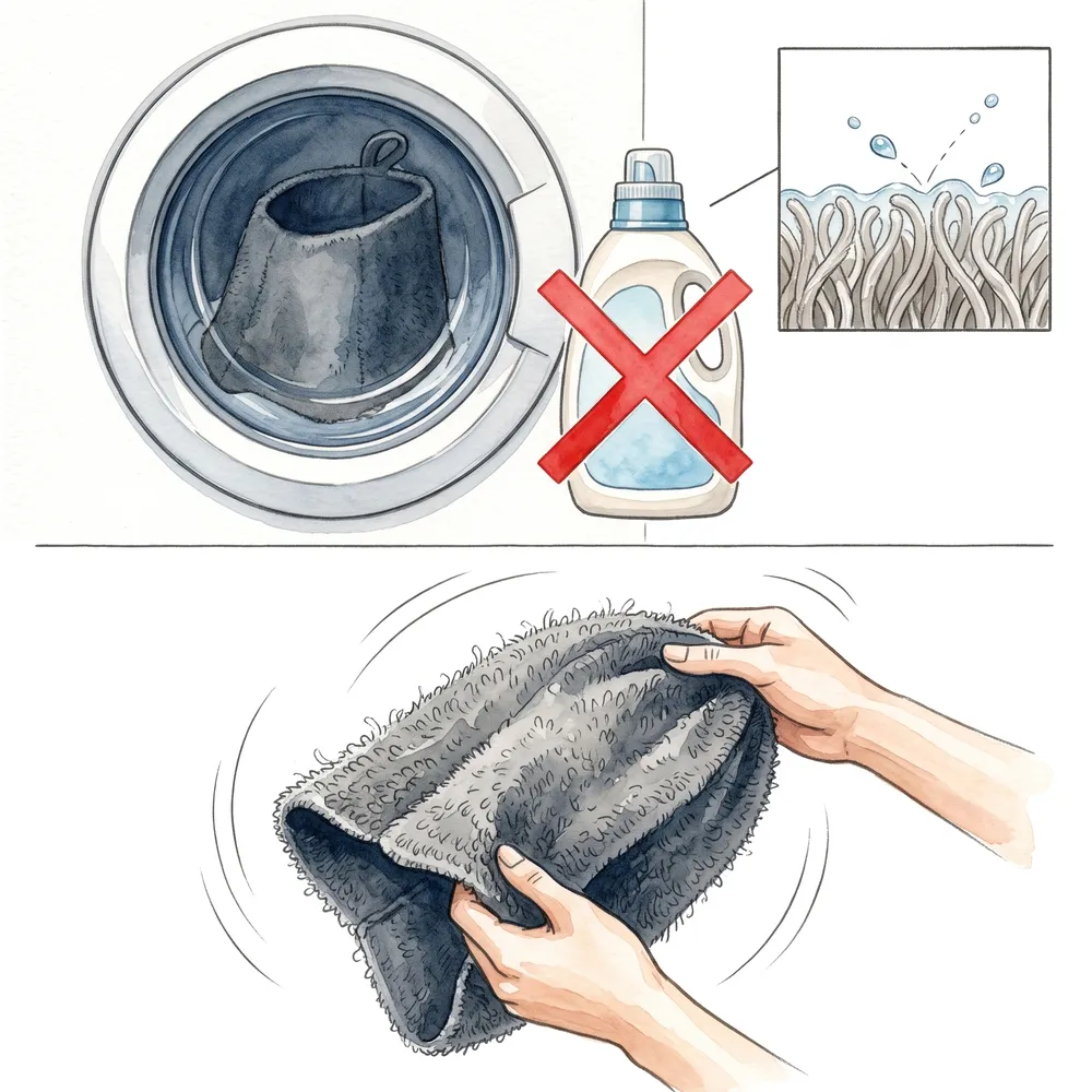 Washing a towel sauna hat: machine washing is fine, fabric softener is not, and snapping the towel before drying lifts the pile
