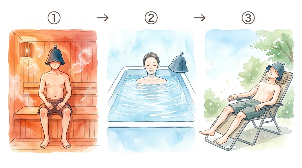 The three stages of a Japanese sauna session: the hot sauna room, the cold bath, and resting outdoors in open air