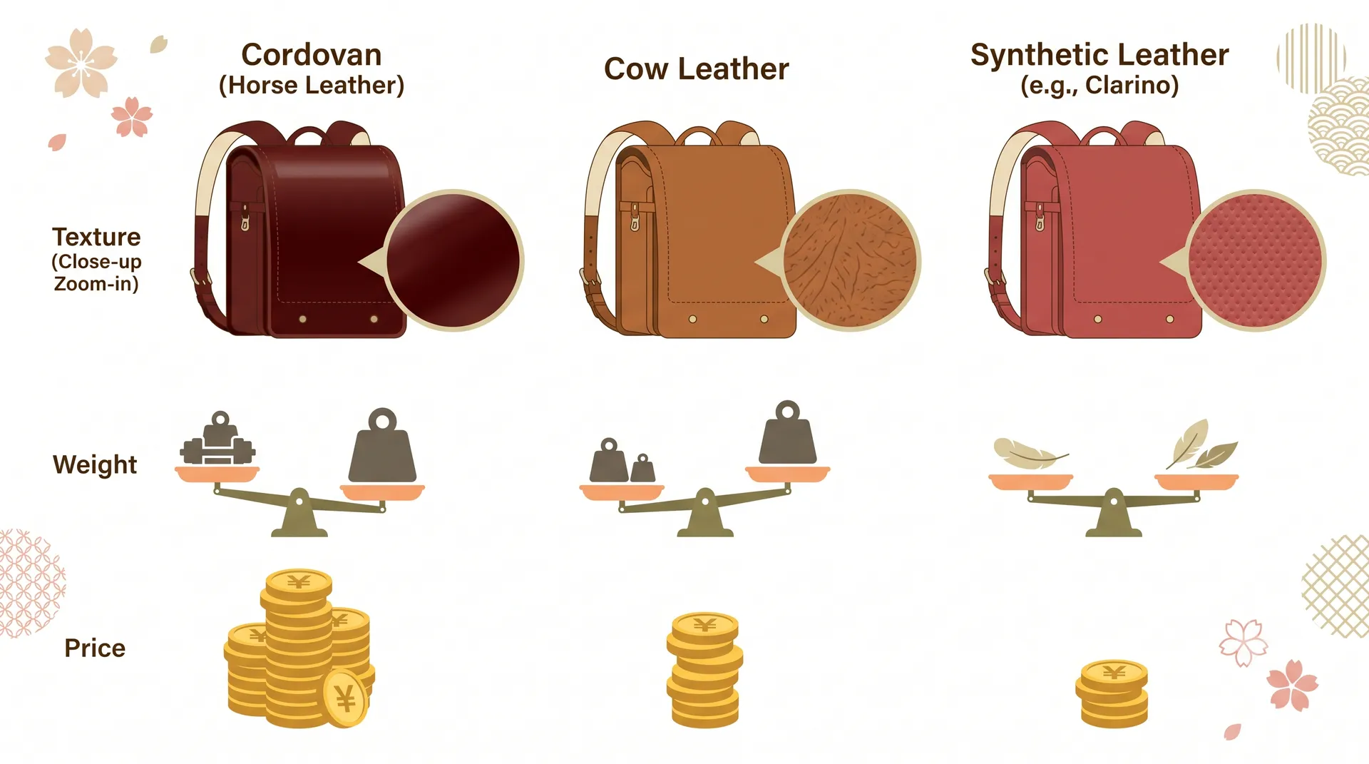 Comparison of randoseru materials: synthetic Clarino, cowhide and cordovan