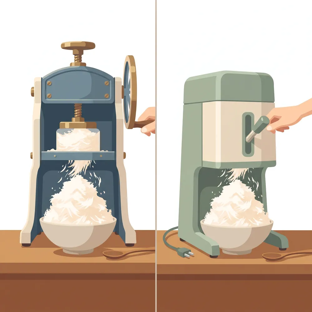 Manual hand-crank and electric kakigori machines side by side
