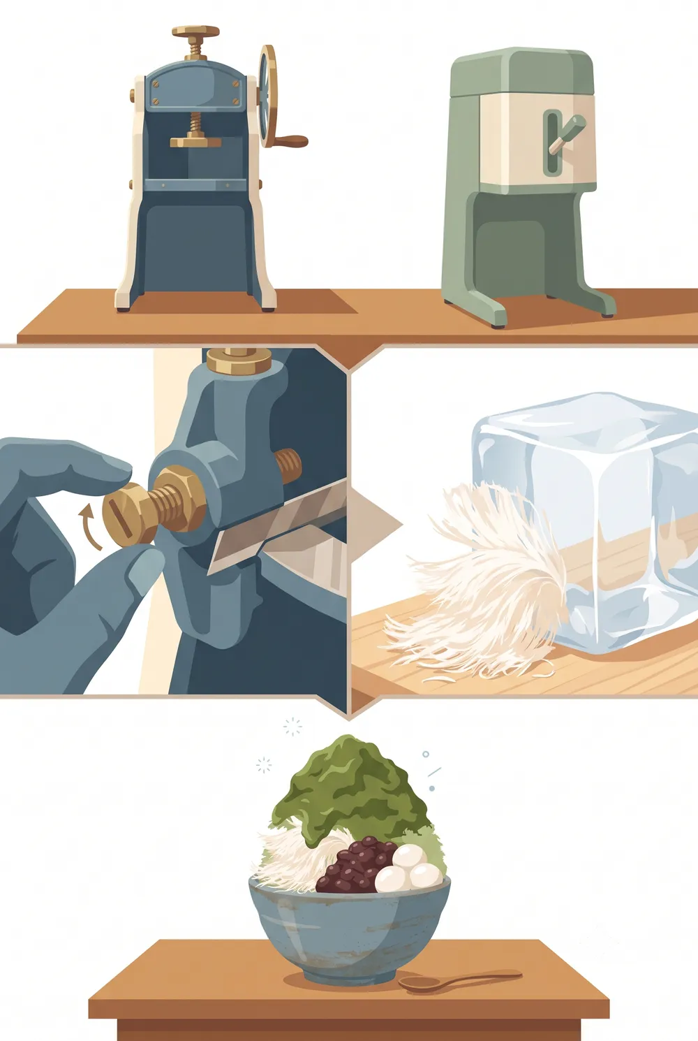 Summary infographic of Japanese shaved ice machines: shaving versus crushing, clear ice, blade adjustment and care