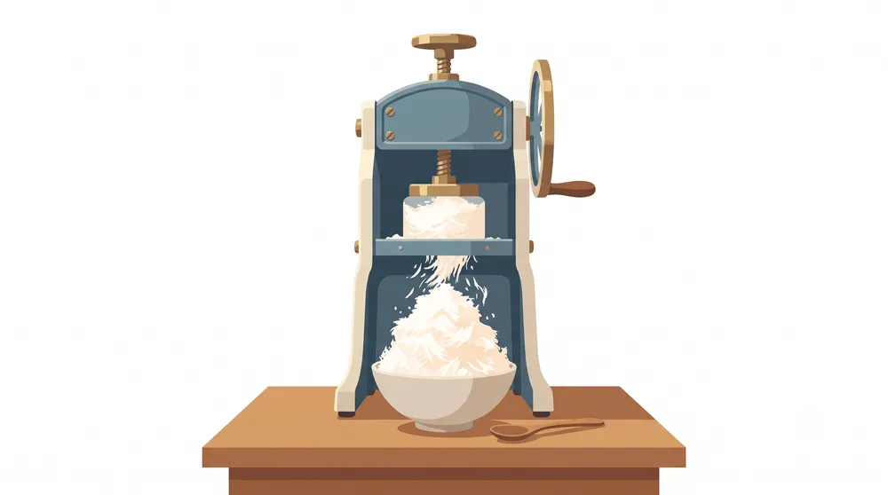 A tall mound of finely shaved ice holding its shape, next to coarse granular crushed ice