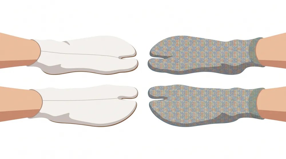Japanese tabi with the big toe separated from the other four, shown with a thonged sandal