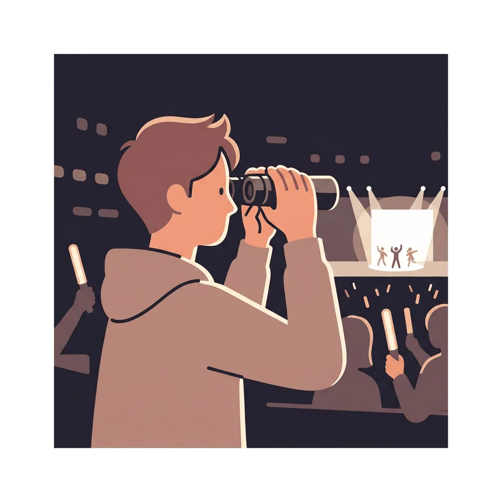 Illustration of a person using high-end compact binoculars in a darkened arena