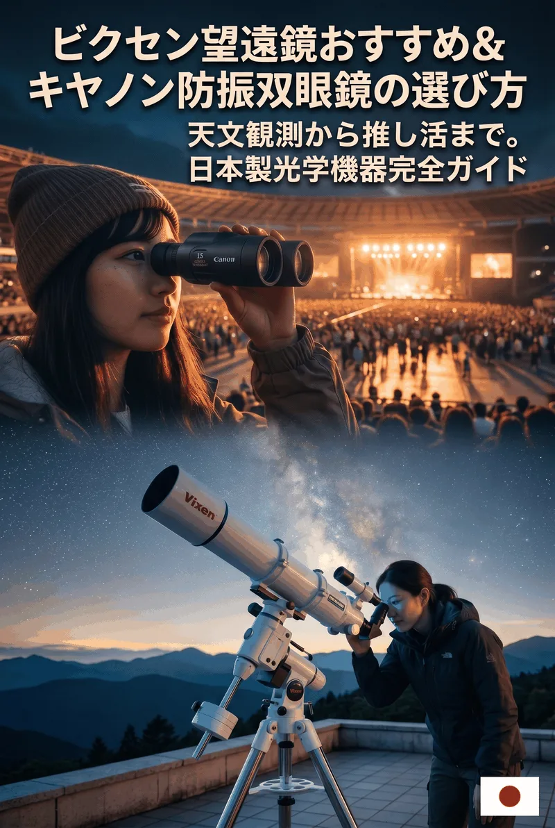 Infographic of a glowing moon, lens cross-section, and a sleek telescope