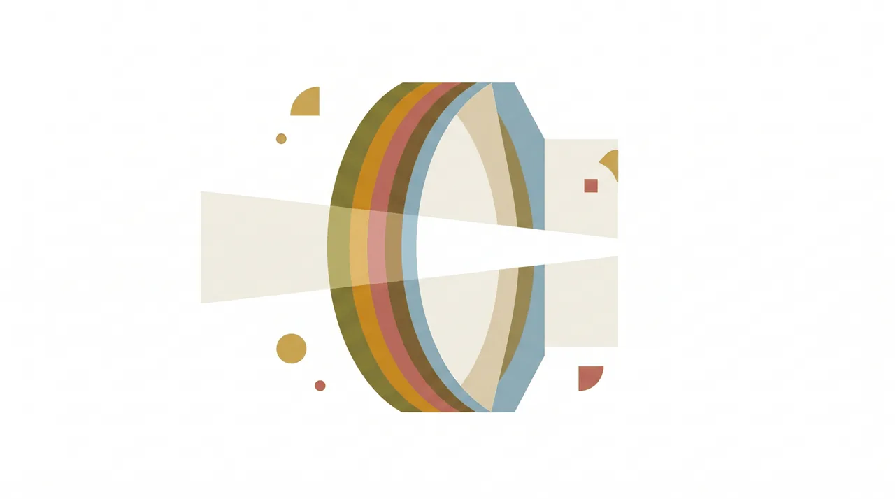 Cross-section diagram of a glass lens showing multiple colored layers of anti-reflective coating