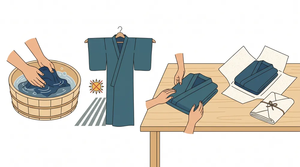 Washing and folded storage of a cotton yukata, kept flat and away from sunlight