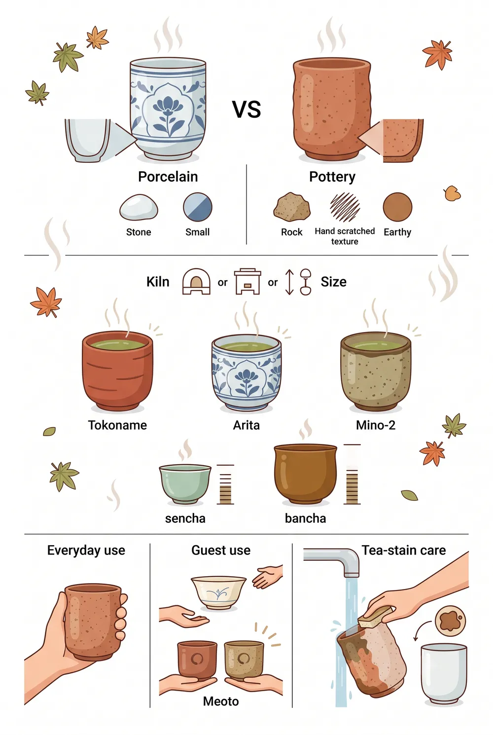 Summary infographic: why there is no handle, sizes, pouring, and care