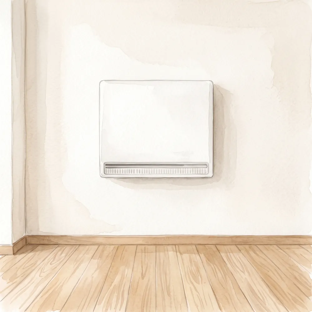 壁に取り付けた薄型の空気清浄機と、下に空いた床を描いた水彩イラスト