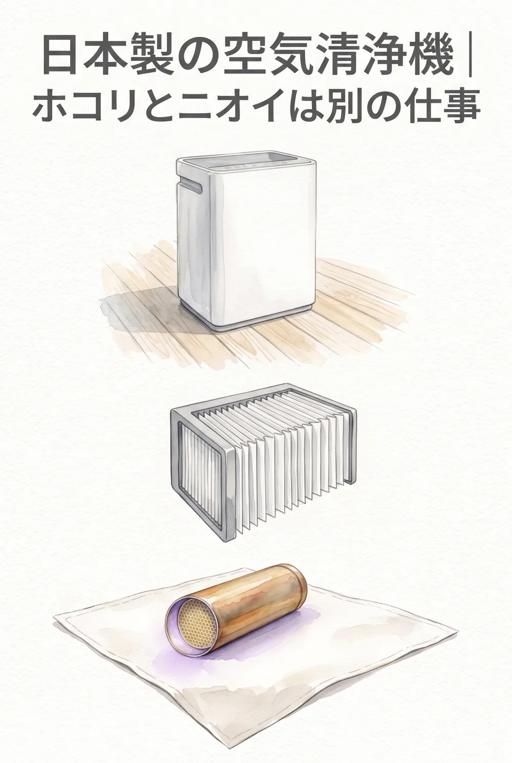 空気清浄機とフィルター、光触媒ユニットを縦に並べた、まとめのイラスト