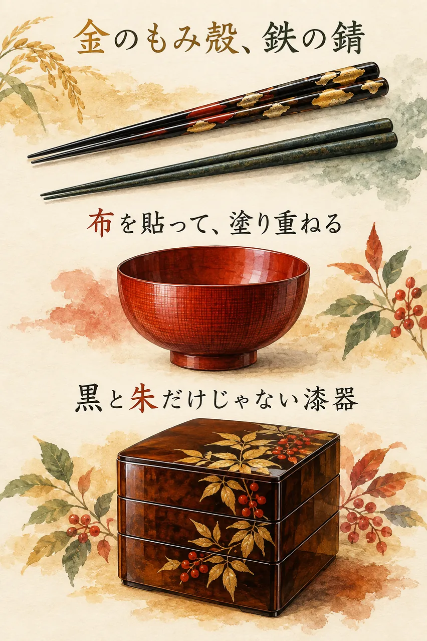 金虫喰の箸、鉄錆塗の箸、布着せの朱の汁椀、南天の蒔絵の重箱を縦に並べた、会津塗のまとめイラスト