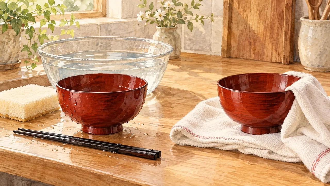 漆の汁椀と箸がやわらかなスポンジで洗われたあと、乾いた布巾の上で水気を拭き取られている台所の水彩イラスト