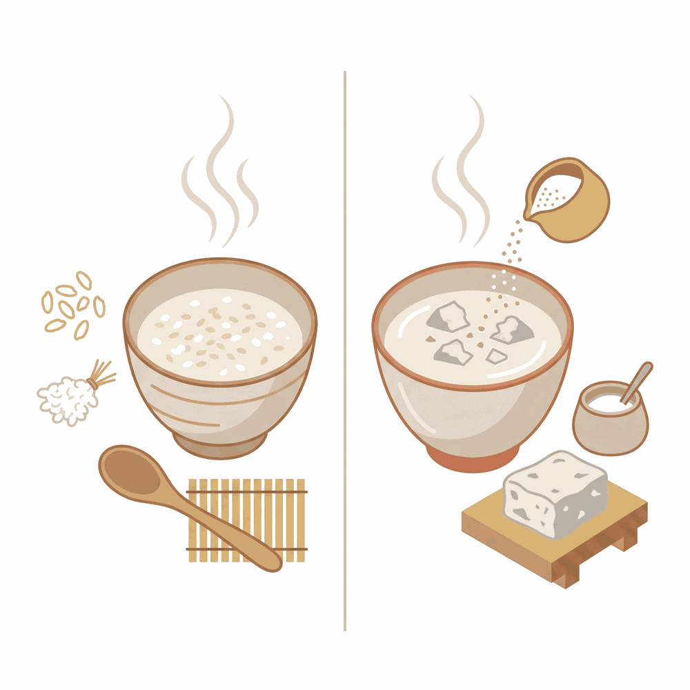 米麹から作るノンアルの甘酒と、酒粕を溶いて砂糖を加える甘酒を並べて比較したイラスト