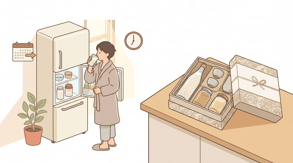 冷蔵保存した甘酒を毎日の習慣として飲む様子と、ギフト用の甘酒詰め合わせを描いたイラスト