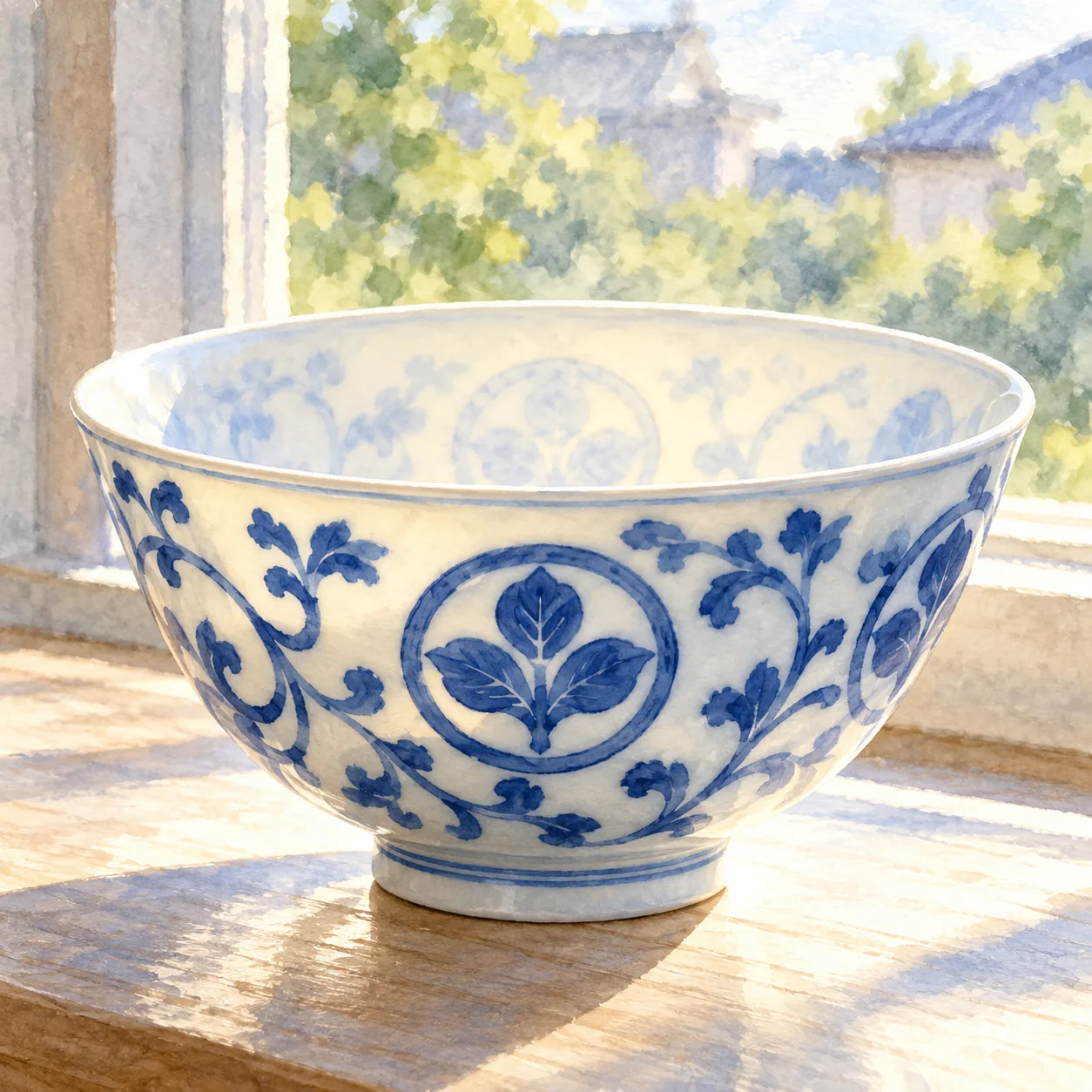 窓の光にかざした白い磁器の茶碗の縁が透けて見え、鮮やかな青の文様が浮かんでいる水彩イラスト