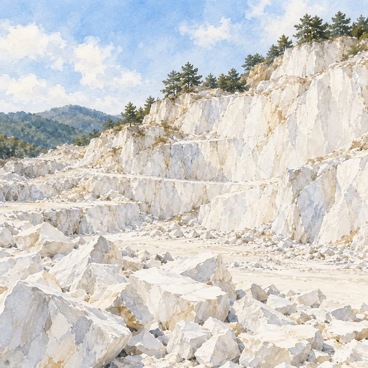 白っぽい岩肌がむき出しになった石切り場と、砕かれた白い陶石のかけらを描いた水彩イラスト