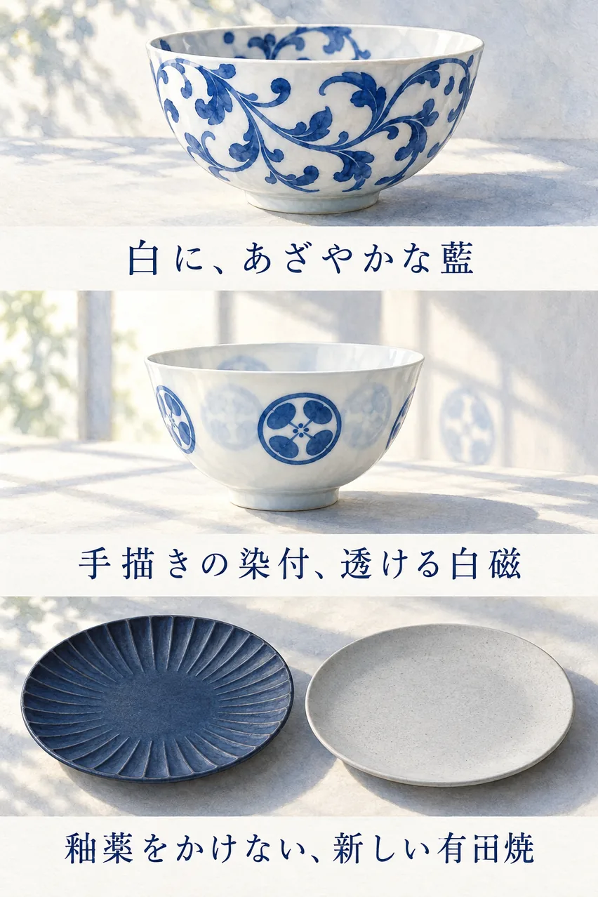 藍の唐草の皿、光に透ける白い茶碗、紺の鎬の皿、マットなグレーの皿を縦に並べた、有田焼のまとめイラスト