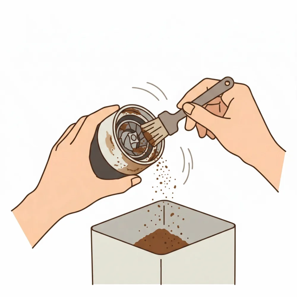 コーヒーメーカーのミル部分を取り外し、付属のブラシで丁寧に古いコーヒーの粉を払い落としているお手入れの様子のイラスト