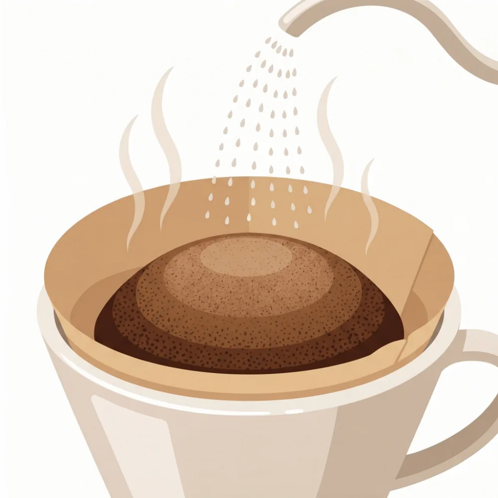 コーヒーメーカーの内部でお湯がシャワーのように優しく粉に注がれ、コーヒーの粉がふっくらとドーム状に膨らんでいる（蒸らし）様子を示すイラスト