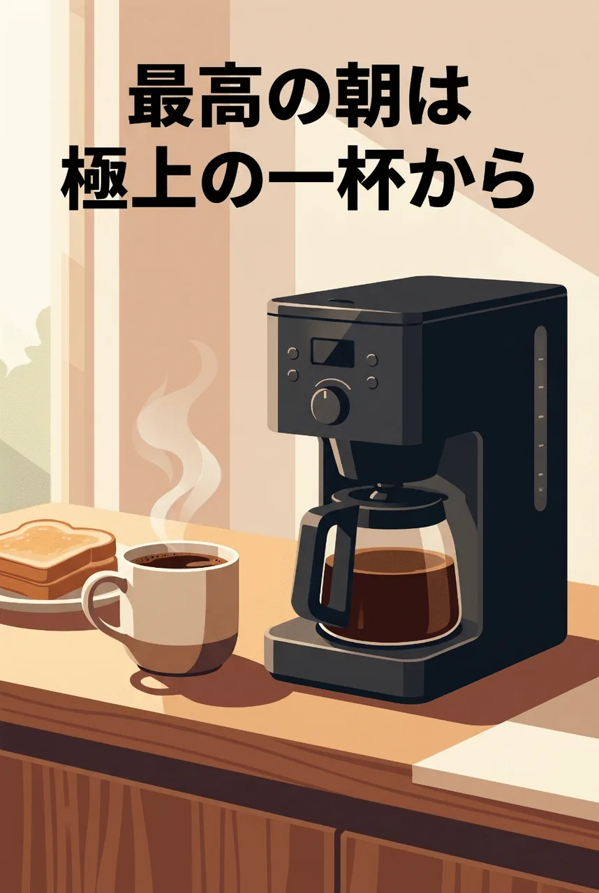 朝日が差し込むダイニングテーブル。スタイリッシュなコーヒーメーカーと、湯気が立ち上る美味しいコーヒーが注がれたマグカップの縦長インフォグラフィック