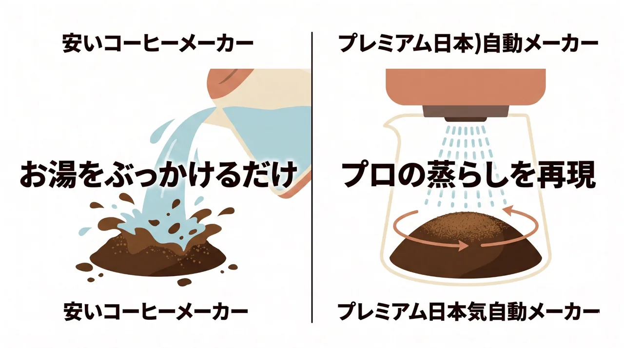 一般的な安いコーヒーメーカーの一気にお湯が落ちる様子と、日本の高級全自動コーヒーメーカーがシャワーのように繊細に少しずつお湯を注ぐ（蒸らし）様子の比較イラスト