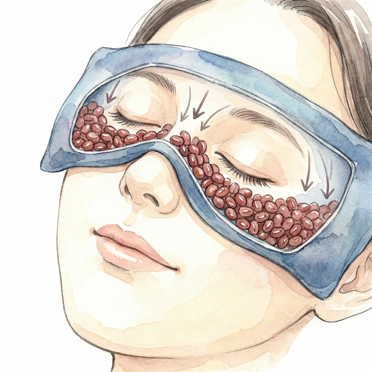 小豆の粒が目のくぼみにフィットして、適度な重みを与えている様子のイラスト