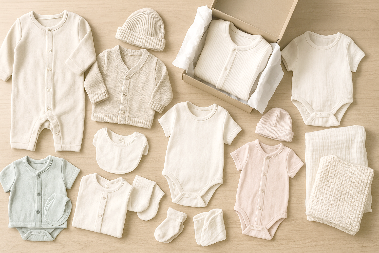 短肌着・コンビ肌着・ロンパースなど日本製ベビー服が並んでいる様子