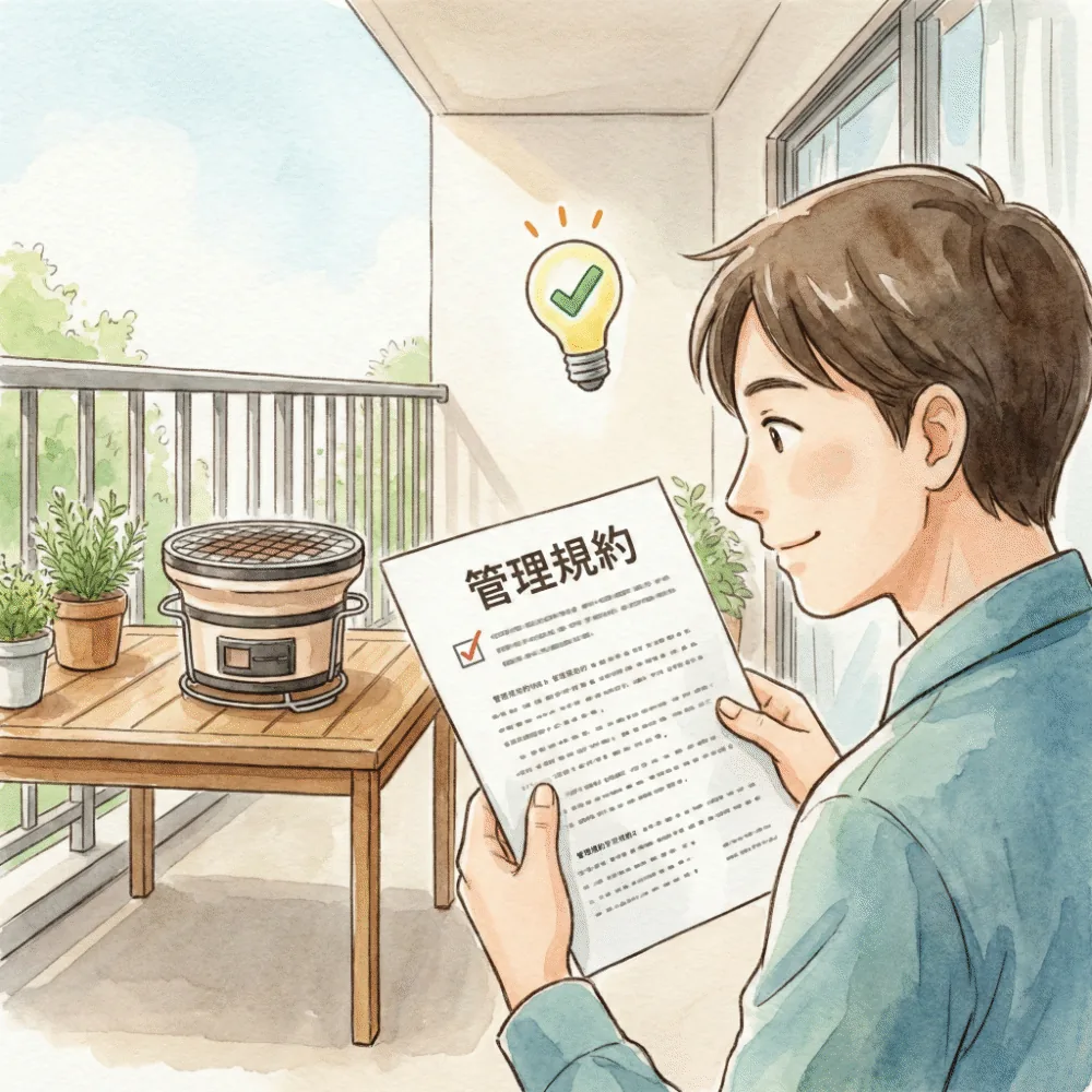 マンションのベランダでの火気使用に関する管理規約の確認を促すイラスト
