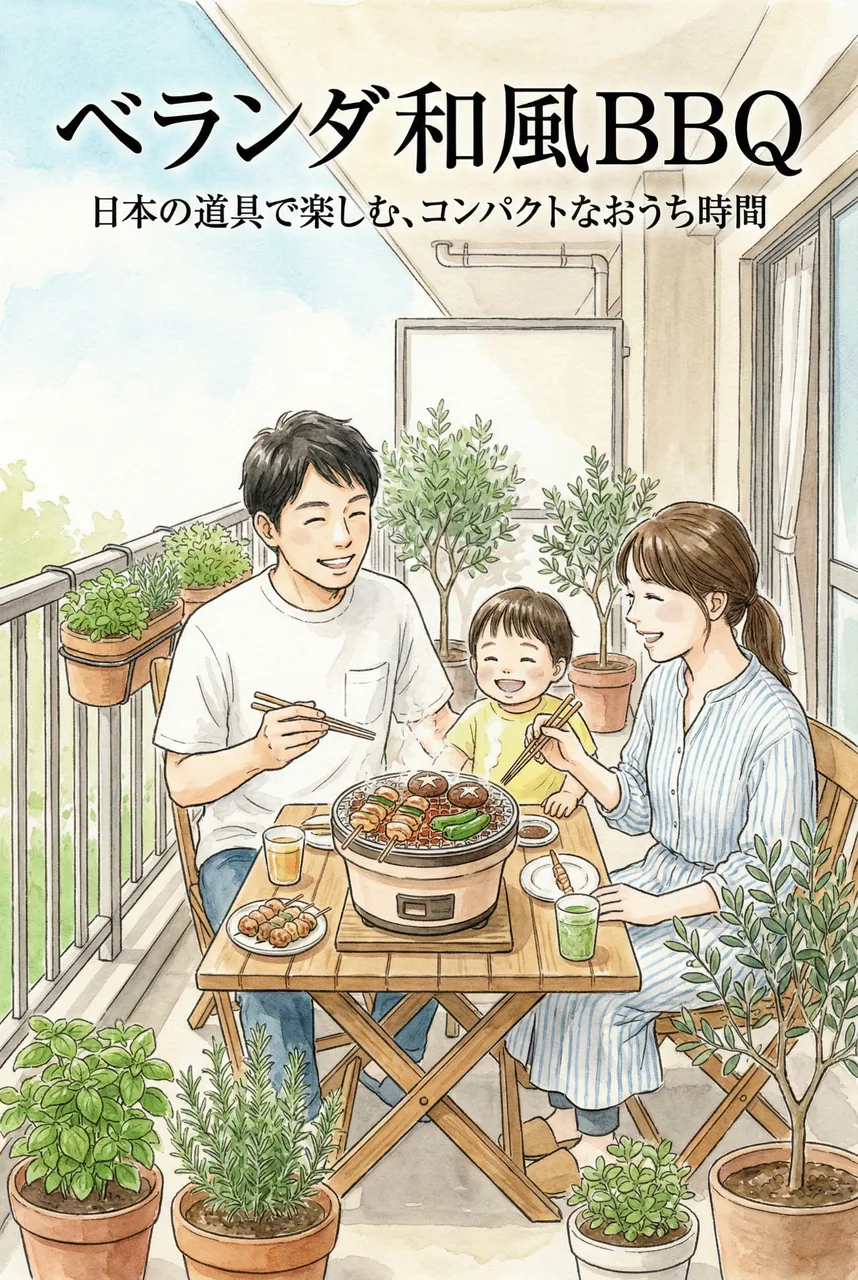 ベランダの小さなテーブルで、コンパクトな和風グリルを囲んで楽しそうに食事をする家族の風景