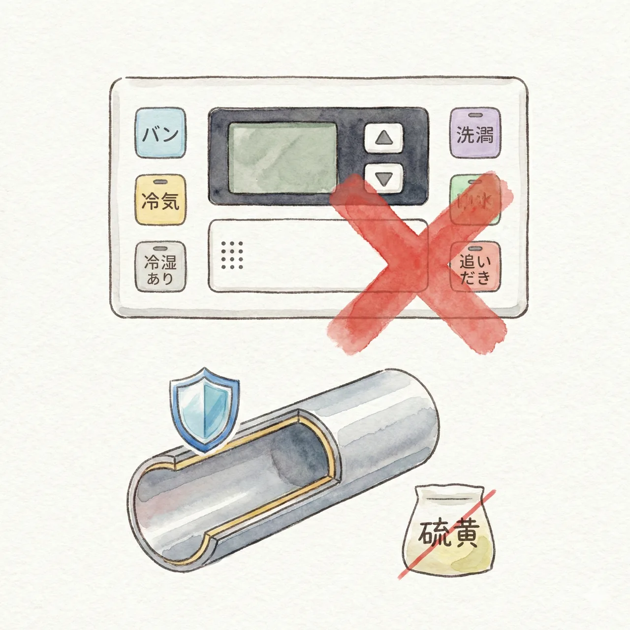 風呂釜の配管を傷めないよう注意を促す、バツ印のついた追い焚きボタンのイラスト