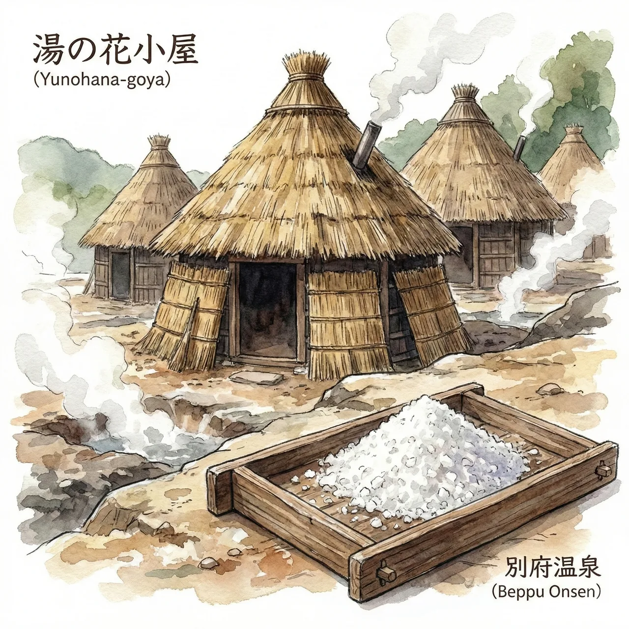 温泉の湯気が結晶化してできる湯の花小屋と結晶のイラスト