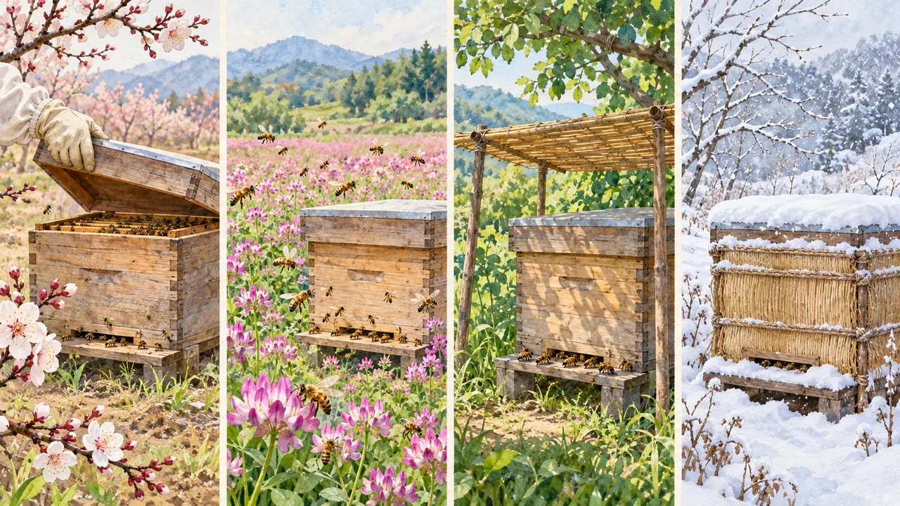 早春の見回り、春の採蜜、夏の暑さ対策、冬の越冬までの養蜂家の一年を描いたイラスト