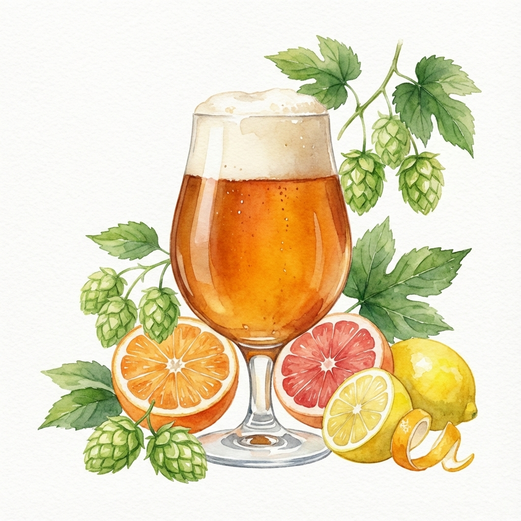 琥珀色で泡立ち豊かなエールビールとホップのイラスト