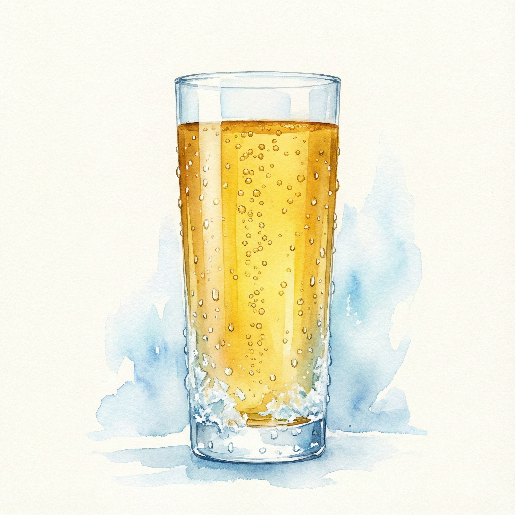 冷えたグラスに注がれた黄金色のラガービールと水滴のイラスト