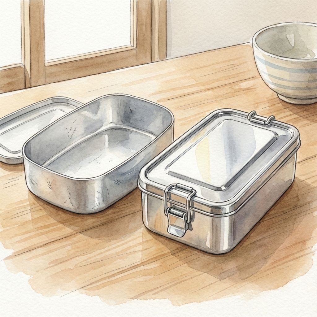 シンプルで衛生的なアルミとステンレスの弁当箱の比較イラスト