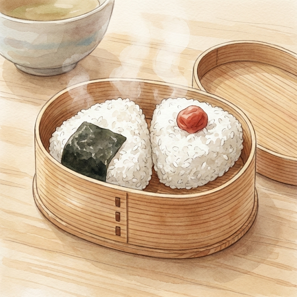 木目の美しい曲げわっぱ弁当箱におにぎりが詰められているイラスト