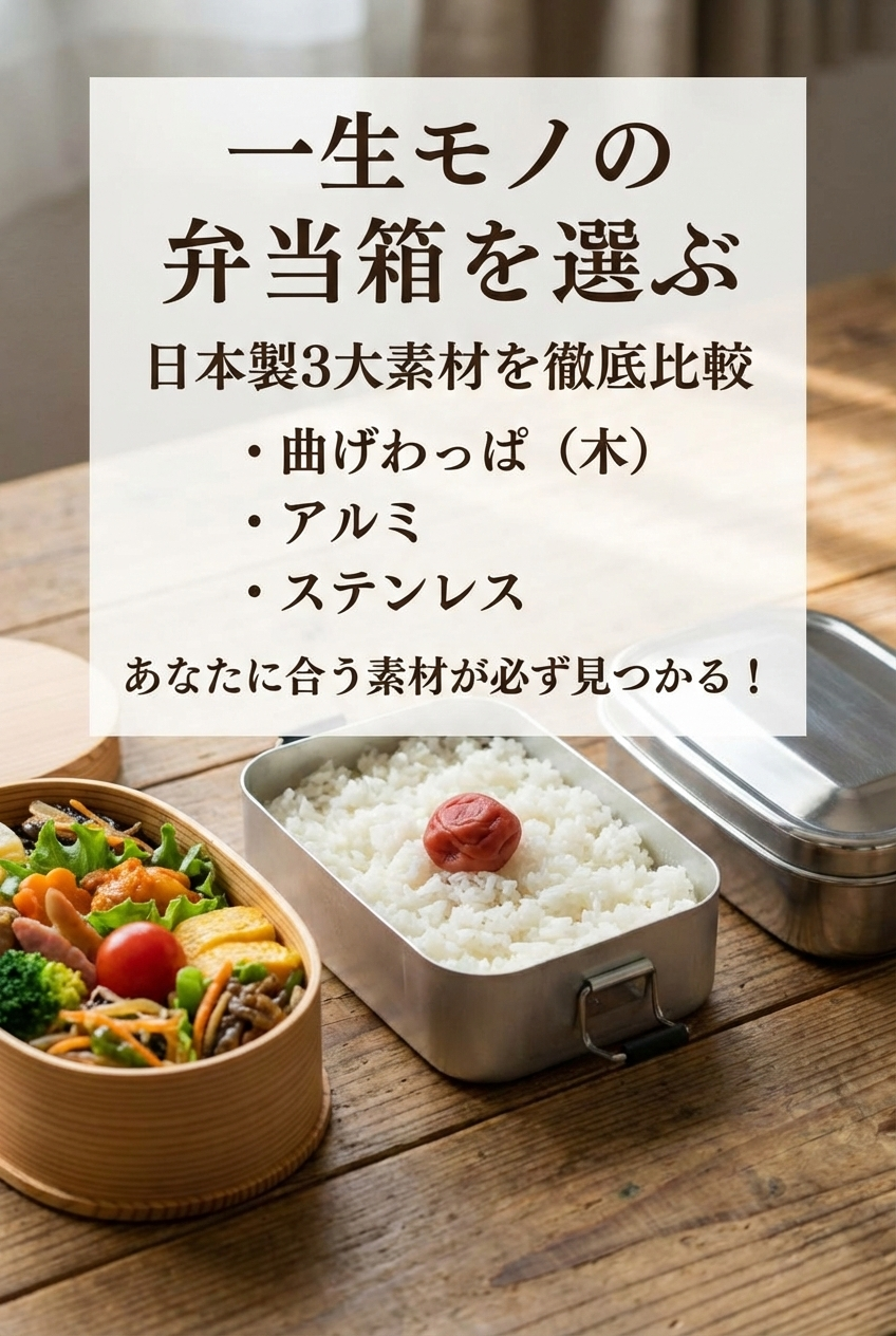 曲げわっぱ、アルミ、ステンレスの弁当箱が並んだイメージ画像
