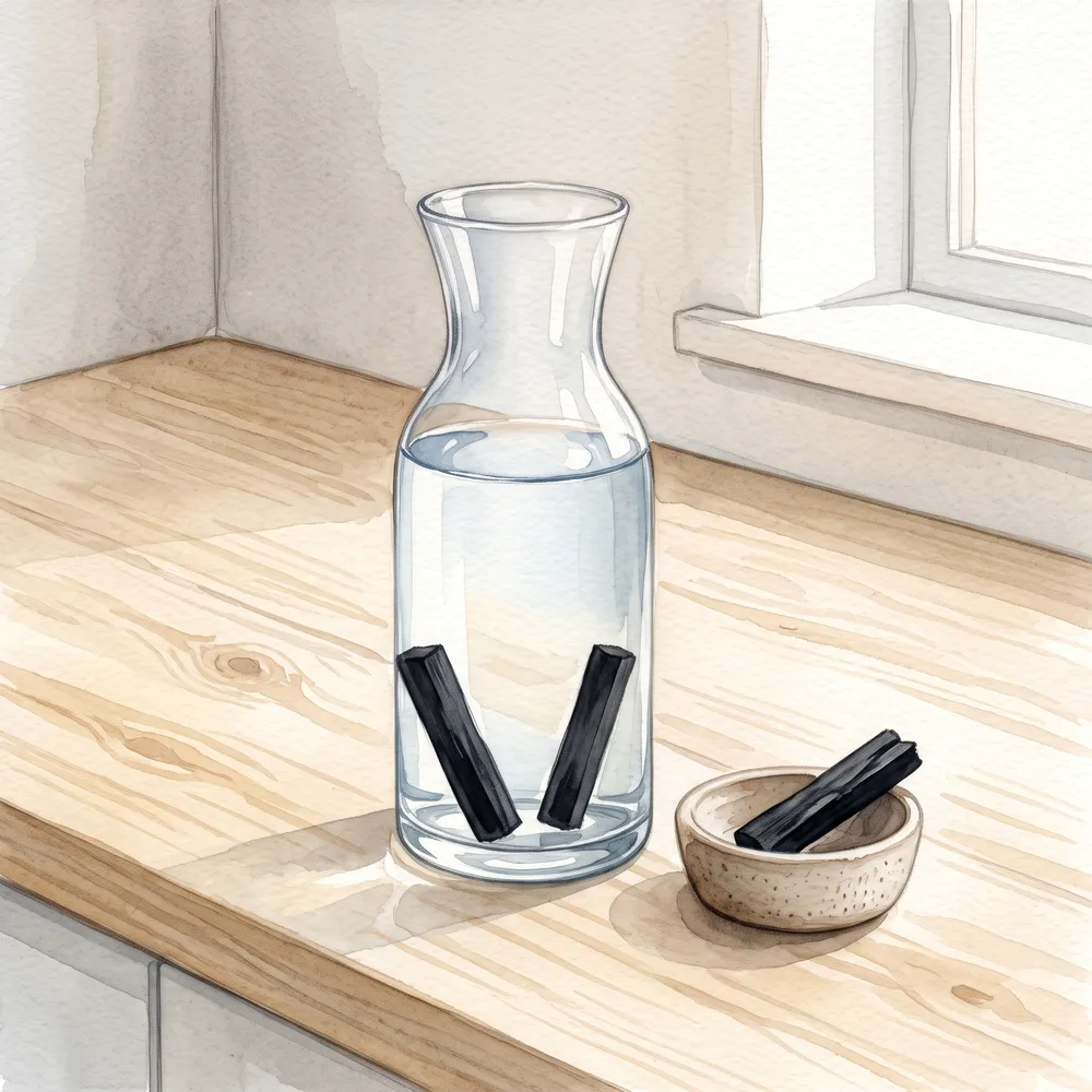 水を張った器に備長炭を入れた様子を描いた水彩イラスト