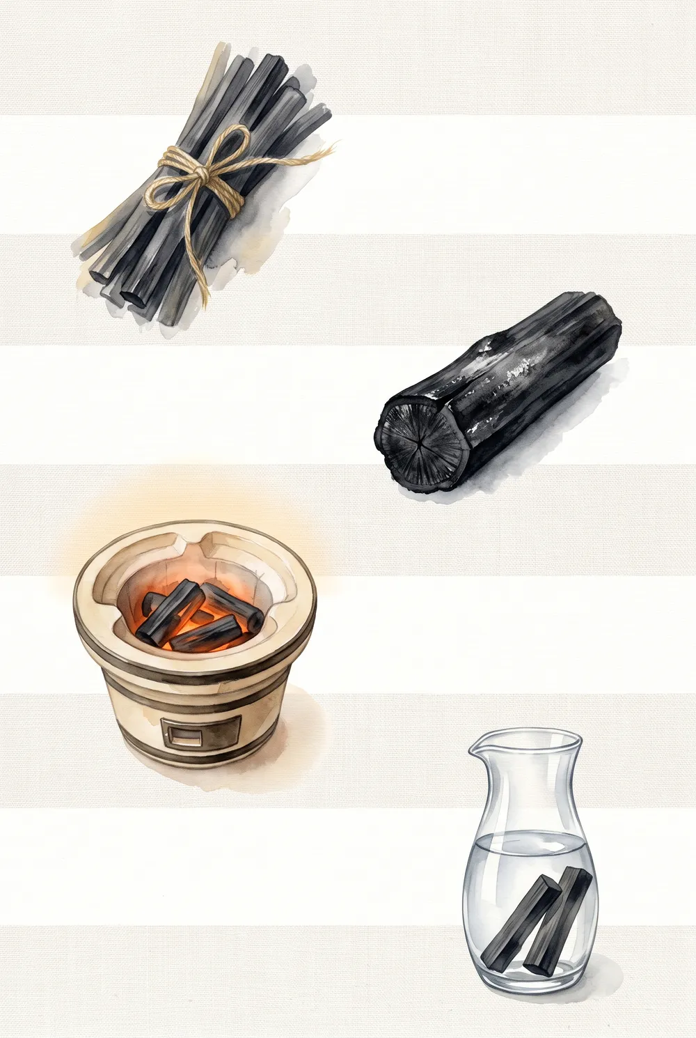 備長炭と使い方を縦に並べた、まとめのイラスト