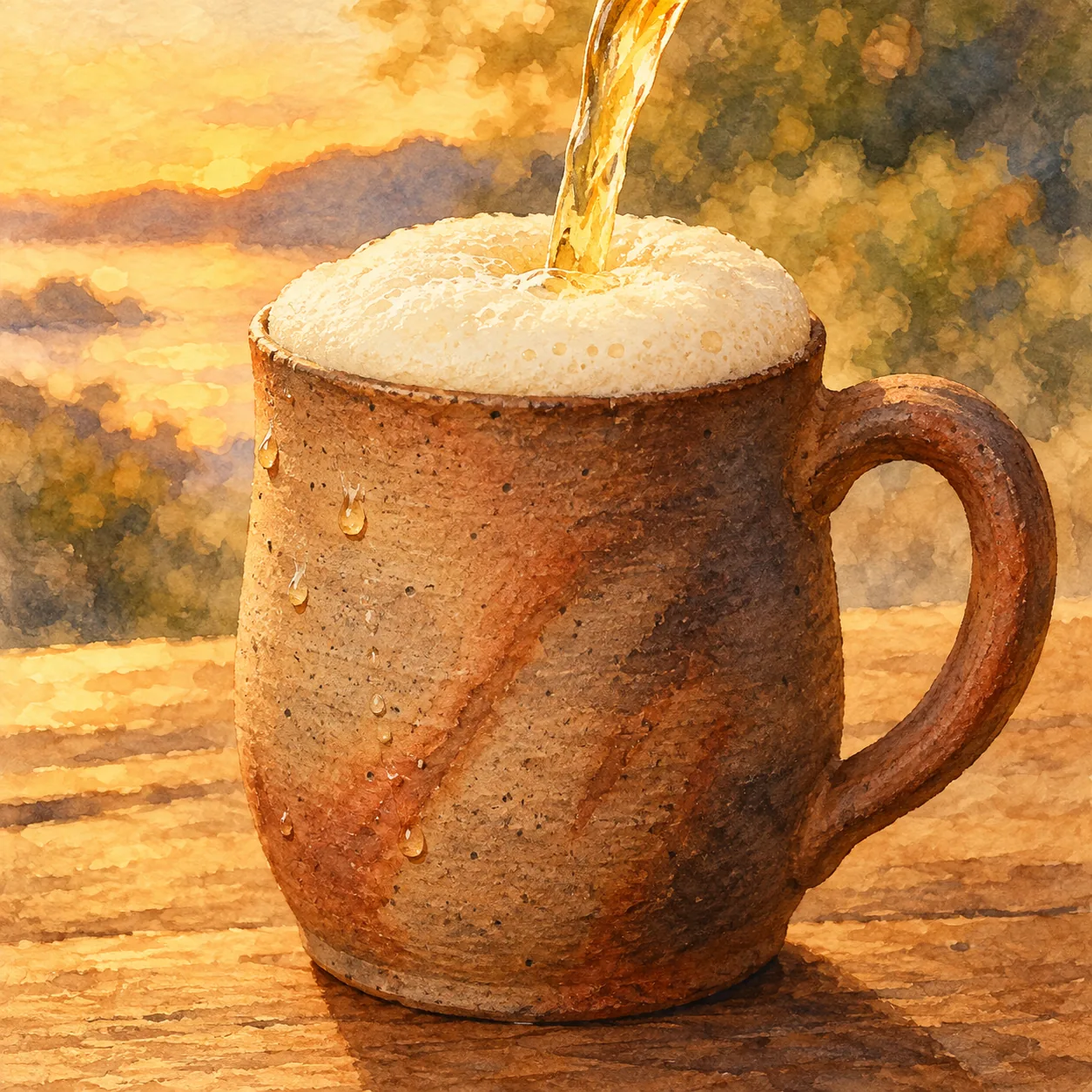 焼き締めの備前焼のビアマグに、きめ細かな白い泡のビールが注がれている水彩イラスト